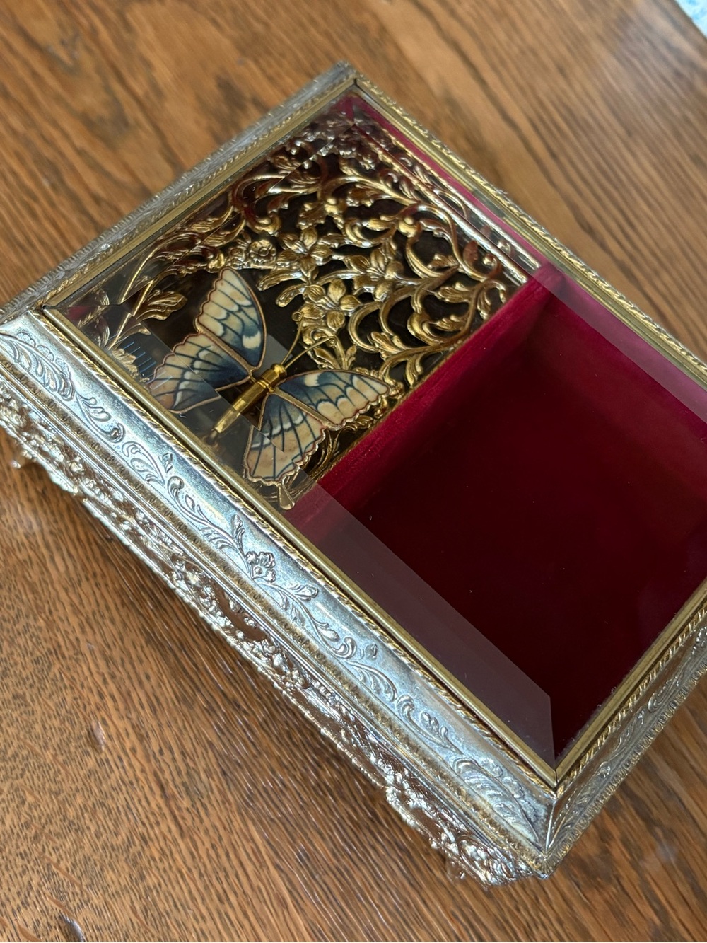 Vintage Moving Butterfly Glass Jewelry Box with Velvet Interior